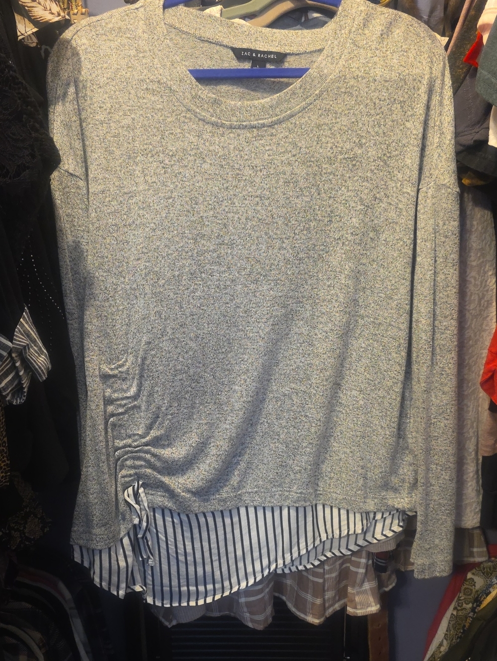 Zac & Rachel Heathered Light Gray Layered Tie-Hem Sweatshirt